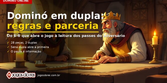 Capa do artigo sobre Dominó online em dupla: dois jogadores frente a frente em uma mesa iluminada por velas, com peças de dominó espalhadas