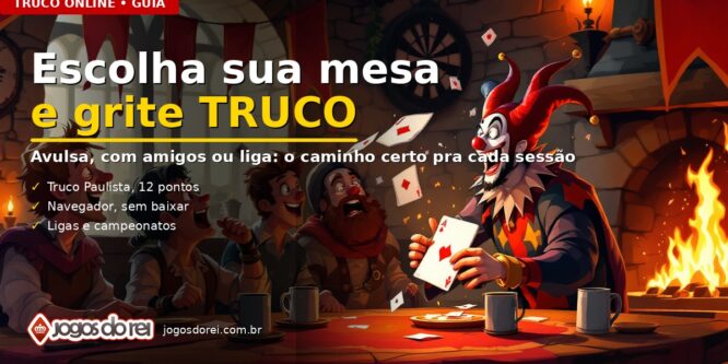 Ilustração de capa do guia de Truco online — bobo da corte segurando um Ás diante de jogadores animados numa taverna, com cartas voando e a lareira acesa ao fundo.
