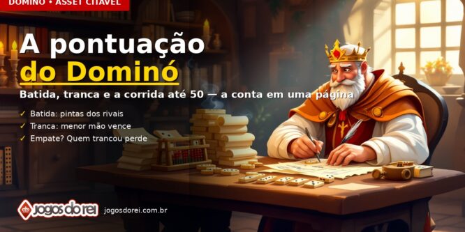 Ilustração de capa do artigo sobre pontuação do Dominó — rei sentado à escrivaninha anotando pontos com pena de escrever, com peças de dominó espalhadas sobre a mesa e um ábaco ao lado.