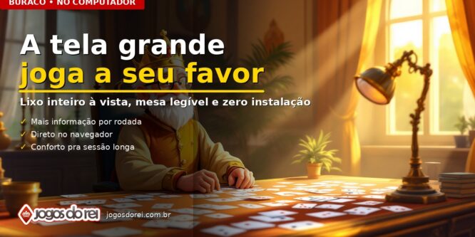 Ilustração de capa do artigo sobre jogar Buraco no computador — rei idoso de óculos sentado a uma mesa ampla iluminada por um abajur, com dezenas de cartas espalhadas à sua frente.