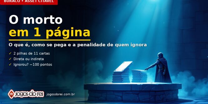 Ilustração de capa do artigo sobre o morto no Buraco — figura encapuzada estendendo a mão para duas pilhas de cartas viradas para baixo sobre um pedestal de pedra, sob um facho de luz.