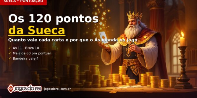 Ilustração de capa do artigo sobre a pontuação da Sueca — rei coroado erguendo uma carta iluminada em um salão, com pilhas de moedas douradas sobre a mesa.