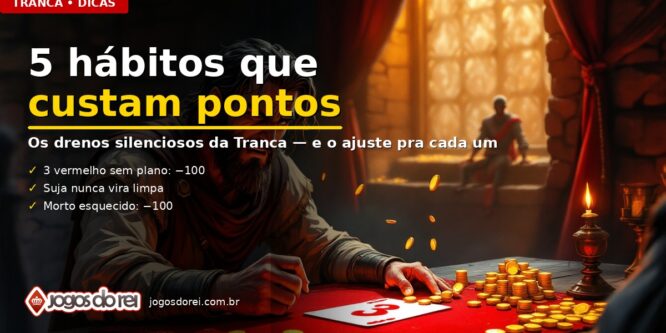 Ilustração de capa do artigo sobre hábitos que custam pontos na Tranca — jogador debruçado sobre a mesa vermelha ao lado de uma carta de 3 e de moedas douradas espalhadas.