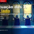 Ilustração de capa do comparativo de pontuação de Buraco, Canastra e Tranca — três figuras encapuzadas erguendo três estandartes lado a lado num salão de pedra com vitrais.