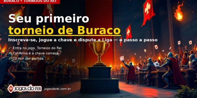 Troféu dourado sobre um pedestal no centro de um salão de castelo iluminado por tochas, com cavaleiros e jogadores erguendo cartas de baralho sob bandeiras vermelhas