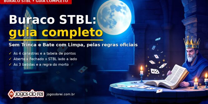 Ilustração do reino: mago estudando o livro de regras do Buraco STBL com cartas flutuando em sequência.