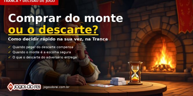 Ilustração do reino: rei à mesa de cartas decidindo entre o monte e o descarte, com ampulheta.