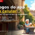 Duas senhoras sorridentes jogam cartas numa mesa de pedra no jardim de um castelo, enquanto o rei do Jogos do Rei chega com uma bandeja de cartas e peças de dominó