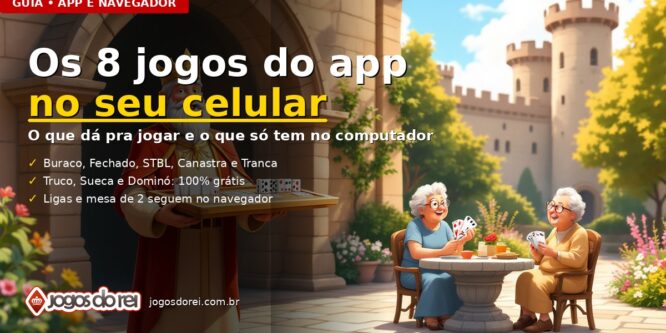 Duas senhoras sorridentes jogam cartas numa mesa de pedra no jardim de um castelo, enquanto o rei do Jogos do Rei chega com uma bandeja de cartas e peças de dominó