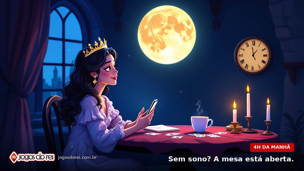 Ilustração: rainha do reino acordada às 4h da manhã, celular na mão e cartas de buraco na mesa, lua cheia na janela