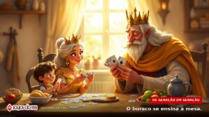 Ilustração: três gerações da família real jogando buraco na mesa da cozinha, avô ensinando os netos