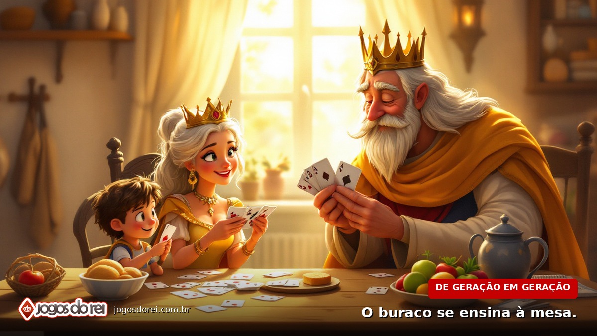 Ilustração: três gerações da família real jogando buraco na mesa da cozinha, avô ensinando os netos