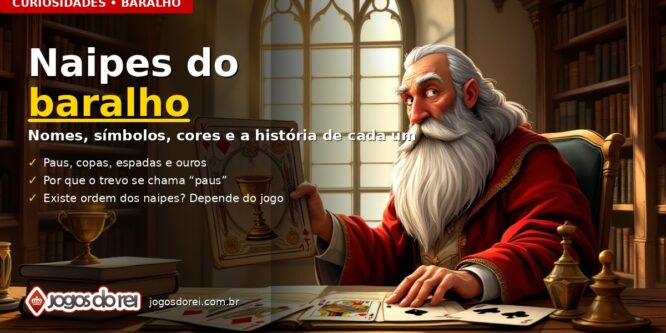 Escriba do reino comparando cartas antigas com os naipes do baralho: paus, copas, espadas e ouros
