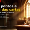 Ilustração de um escriba idoso de barba branca e óculos numa biblioteca de castelo iluminada pelo sol, anotando pontos num pergaminho ao lado de cartas de baralho, com o título Bisca: pontos e ordem das cartas.