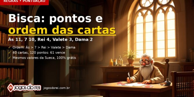Ilustração de um escriba idoso de barba branca e óculos numa biblioteca de castelo iluminada pelo sol, anotando pontos num pergaminho ao lado de cartas de baralho, com o título Bisca: pontos e ordem das cartas.