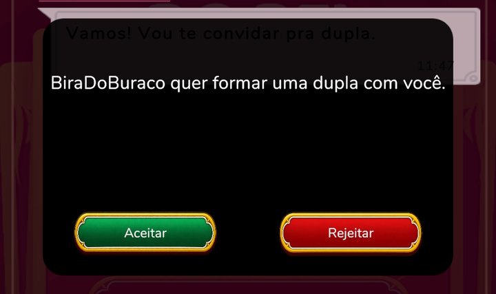 Convite de dupla no app Jogos do Rei: o amigo quer formar uma dupla com você, com os botões Aceitar e Rejeitar