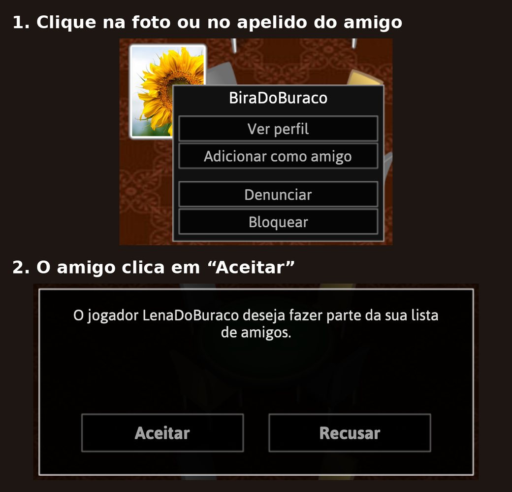 No site Jogos do Rei, ao clicar na foto de um jogador abre o menu com Ver perfil, Adicionar como amigo, Denunciar e Bloquear; embaixo, o aviso O jogador deseja fazer parte da sua lista de amigos, com os botões Aceitar e Recusar