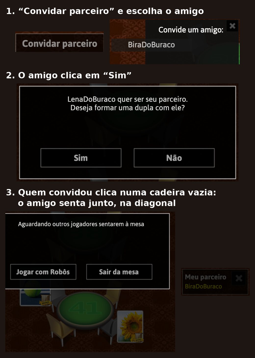 Convite de dupla do PRO no site Jogos do Rei: o botão Convidar parceiro e a lista Convide um amigo; o aviso quer ser seu parceiro, Deseja formar uma dupla com ele, com os botões Sim e Não; e os dois amigos sentados em diagonal na mesa 41, com o quadro Meu parceiro