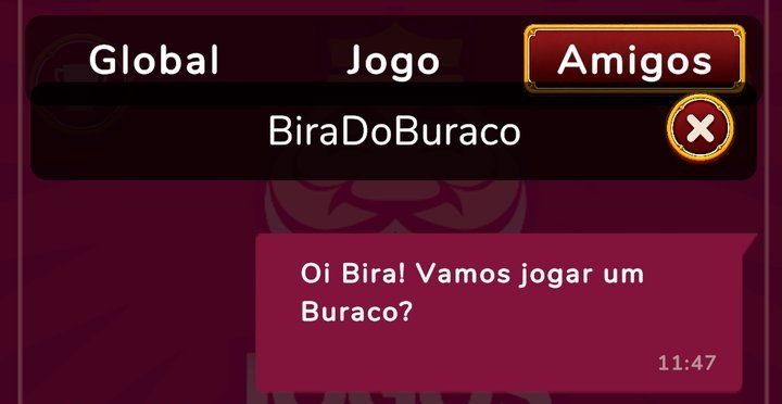 Conversa privada na aba Amigos do chat do app Jogos do Rei: Oi Bira! Vamos jogar um Buraco?